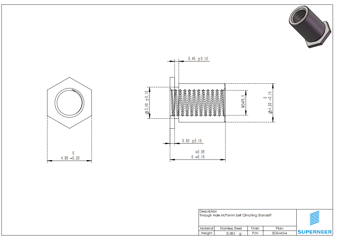 Through Hole M3 x 6mm Self Clinching Standoff